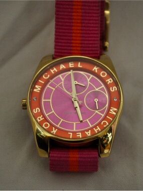 Michael Kors Gold-Tone Watch with Pink Dial and Striped Strap